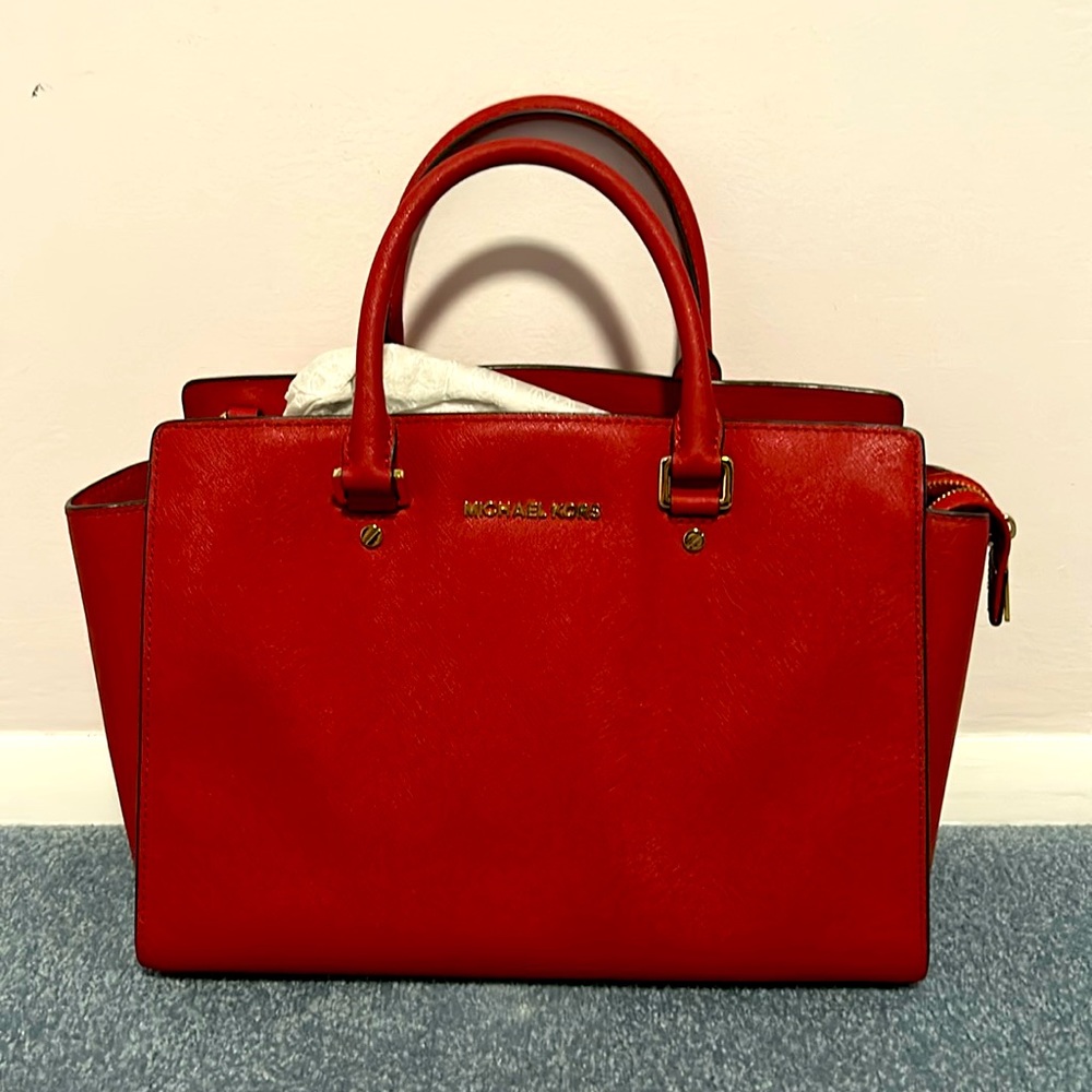 MICHAEL KORS SELMA LARGE RED SAFFIANO LEATHER SATCHEL BAG PURSE CROSSBODY